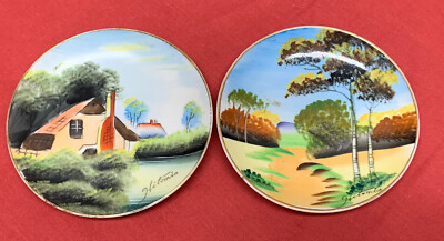 (2) Made in Japan Hand Painted Plate Landscapes Wall Hang 4  Signed HITOMIS
