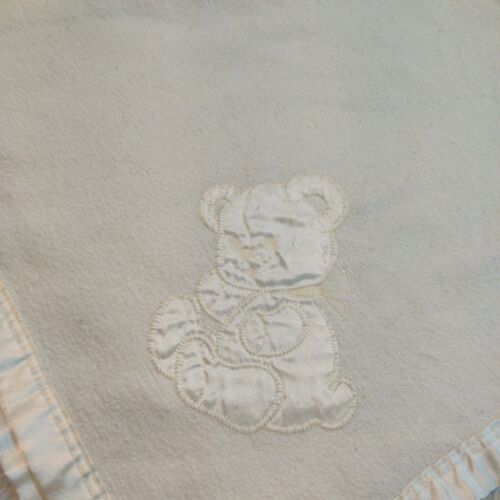 Vintage Quiltex Acrylic Baby Blanket Yellow Satin Bear & Trim USA Made 36x48  - Picture 1 of 7