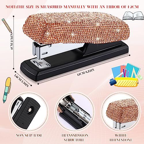 Bling Crystal Stapler Gift Sparkly Diamond Stapler for Desk Champagne Gold - Afbeelding 2 van 6