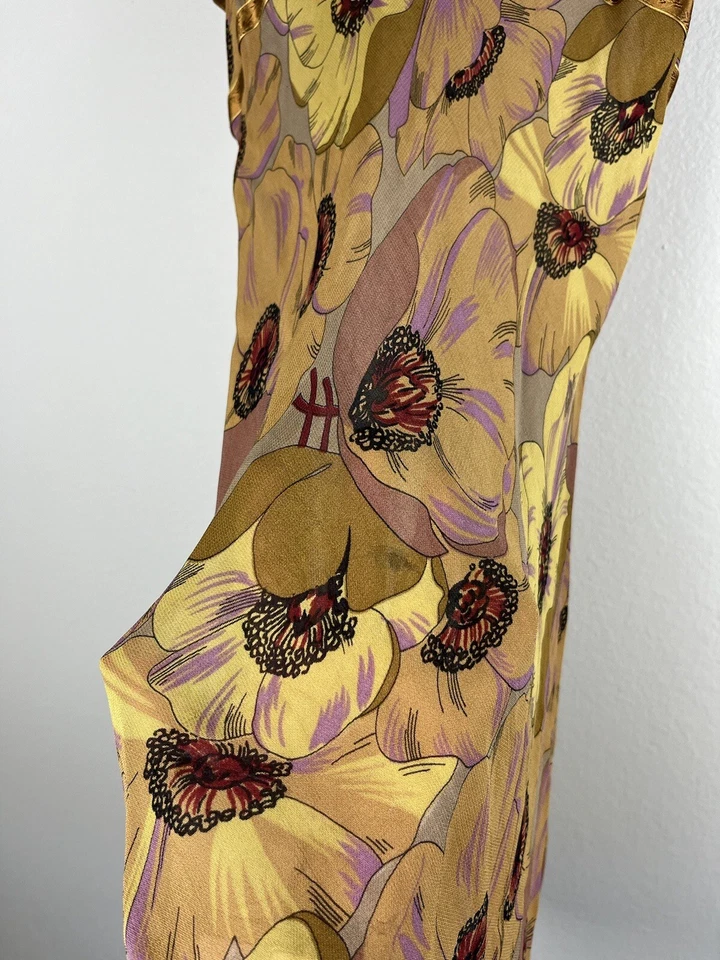 Vestido sin Mangas Vintage Betsey Johnson Sheer Midi Años 90 Y2K Dorado Amarillo Floral Amapola Foto 3 de 4