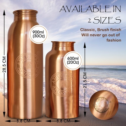 Pure Copper Bottle Water 600ml 20Oz Joint Free BPA Free Lead-Free Yoga Health - Picture 2 of 7