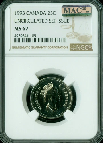 1993 CANADA 25 CENTS NGC MS67 PQ  MAC SPOTLESS *