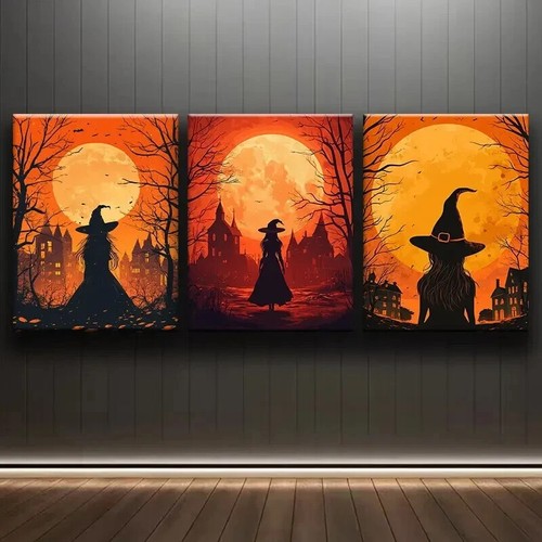3pcs Witch at Sunset Moon Colorful Perfect Wall Art Canvas Framed 50x70cm - Picture 3 of 3