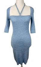 Ganni Melange Dress Womens Small Ethereal Blue Strappy Square Neck Knit Mini New