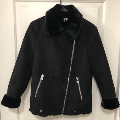 Women s Divided H&M Faux Suede And Fur Lined Moto Jacket Black Size 2