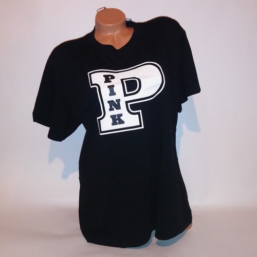 Victoria Secret PINK T Shirt Black Cream Logo Crew Neck Short Sleeve Campus Tee - Picture 4 of 12