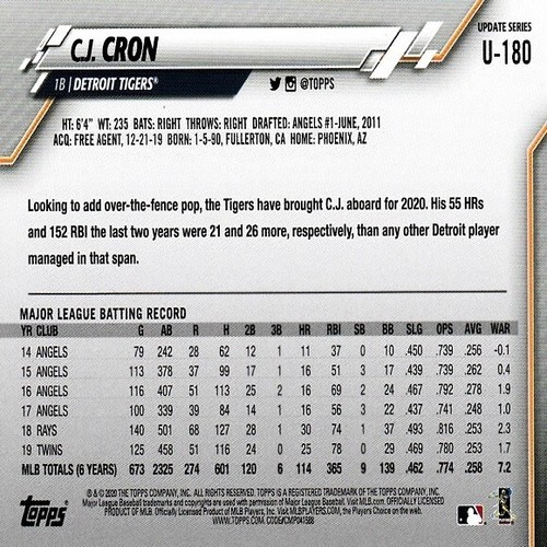 C.J. Cron (Detroit Tigers) 2020 Topps Update Series MLB Card - Card Number U-180 - Picture 2 of 2