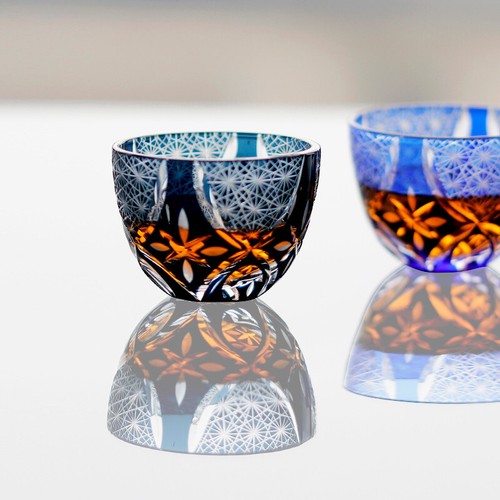 1 Set of 4Pcs Edo Kiriko Glass Small Shot Glasses For Sake Cup Colored 1.5oz - Picture 3 of 19
