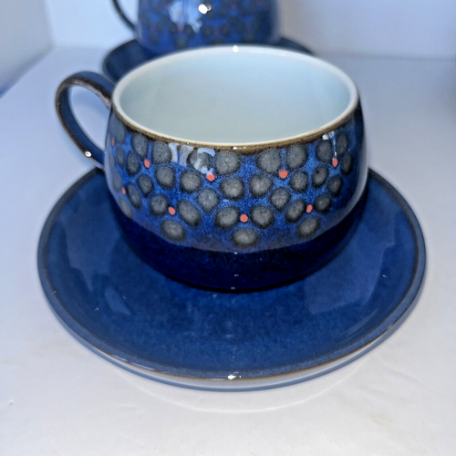 Denby midnight blue cups &saucers set of 4 Flowers Floral Cobalt Spherical Cups - Picture 2 of 12