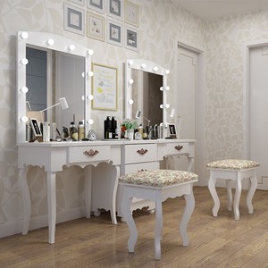Details about Ladies Chic Vanity Mirror Makeup Wood Dressing Table Drawer Desk 10 LED Bulbs US