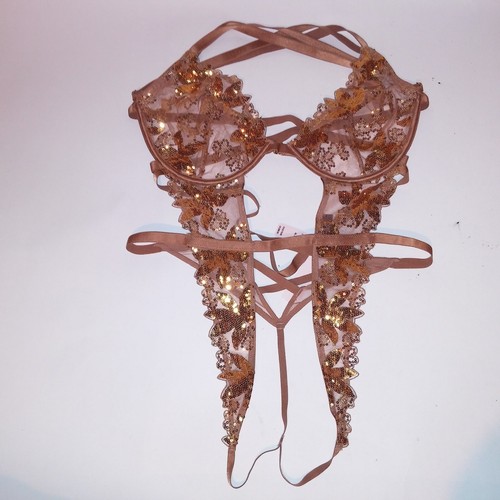 Victoria Secret Dessous Teddy Einteiler Body XL gold Blumen Pailletten Glitzer - Bild 13 von 16