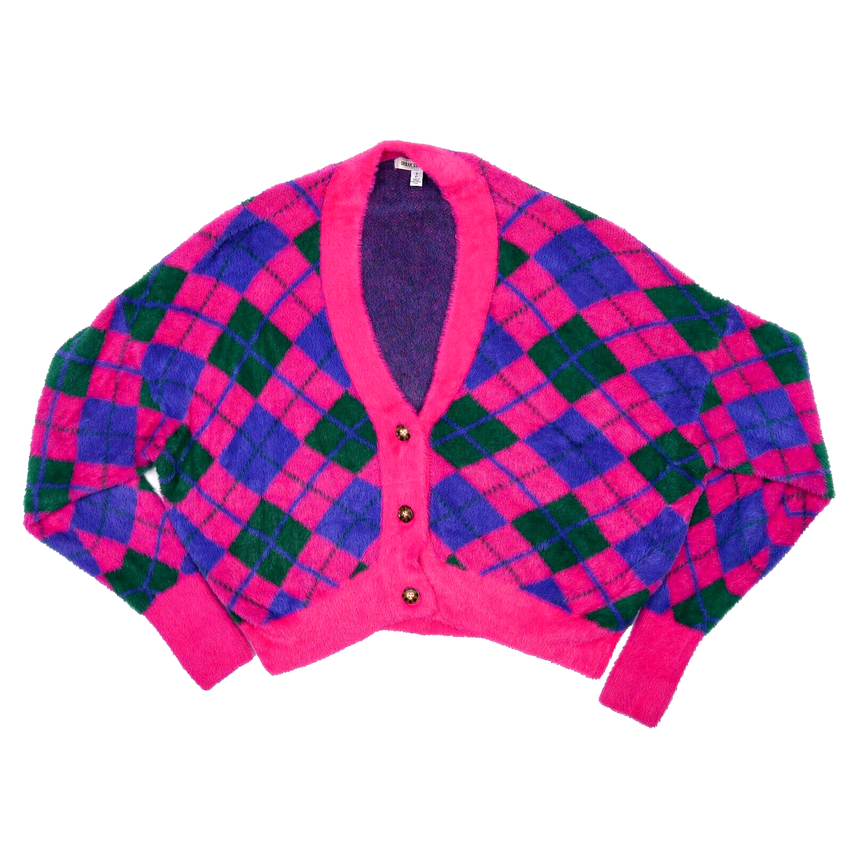 Urban Outfitters Thea Fuzzy Knit Slouchy Cardigan Sweater Pink Argyle  Women's S