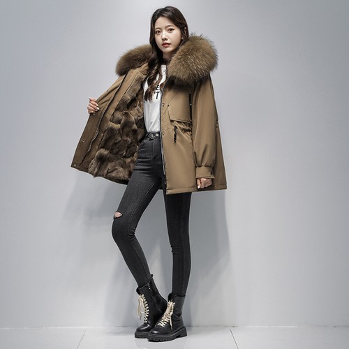 Women's Fox Fur Liner Removable Fur Jacket Coat Hooded Thick Warm Parka Overcoat - Picture 18 of 18