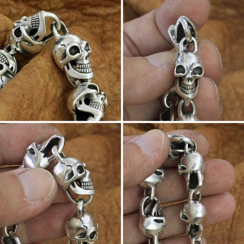 Pulsera Calaveras Detalles Plata de Ley 925 Motociclista Rock Punk Cadena TA264B - Imagen 7 de 19