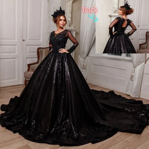 Luxury A-Line Wedding Dresses O-Neck Sulfur Sleeved Feather Sequin Bridal Gowns - Picture 2 of 12