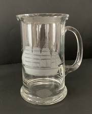 Vtg Toscany Hand Blown Crystal Beer Mug Glass Etched Ship Romania 6  MINT