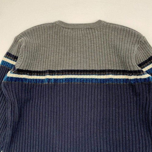 Vintage Sweater Men Striped Gray Navy Blue Chenille Size Medium Crewneck Preppy - Picture 5 of 13