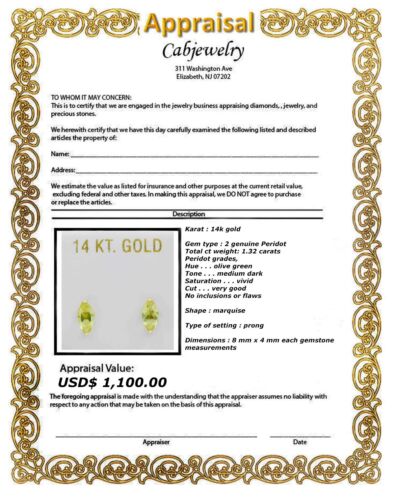GENUINE 1.32 Cts PERIDOT STUD EARRINGS 14K YELLOW GOLD - Free Appraisal Service - Picture 4 of 4