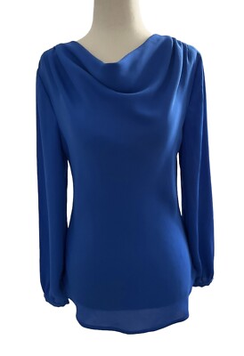 Lands End Women Size Petite Blue Blouse Cowl Neck Long Sleeve Top 16-206 