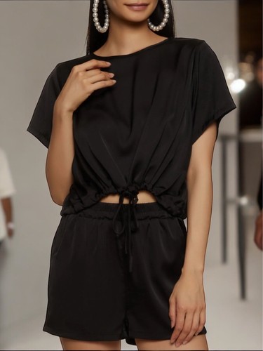 Damen-Freizeitshorts schwarz elastischer Bund Satin mit Taschen Größe S - Bild 3 von 4