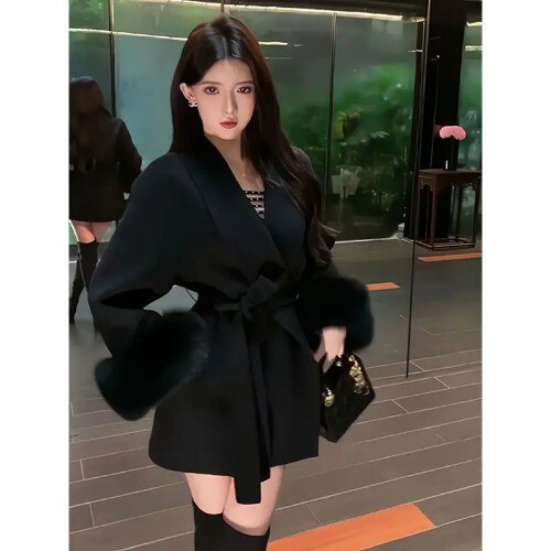 Fashion Coats Patchwork Furry Long Sleeve Bandage Korean Clothing Korean Jackets - Bild 18 von 18