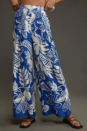 Farm Rio Wide Leg Pants Satin Anthropologie Blue Floral Monstera Leaf Size S NEW - Picture 4 of 4