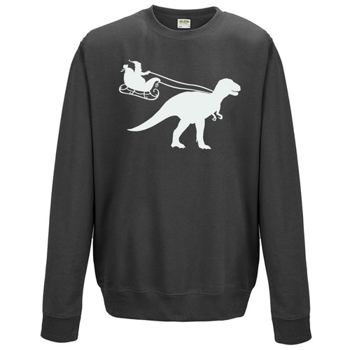 Santa Sleigh Dinosaur Sweatshirt Funny T-Rex Jurassic Christmas Gift Jumper Top - Picture 5 of 9