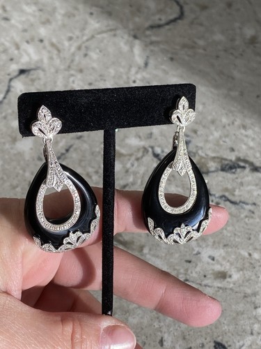 Sterling Silver White Diamond & Black Onyx Enhancer - 2 Piece Teardrop Earrings - Picture 16 of 18