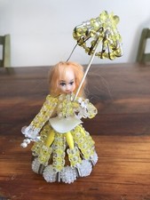 Vtg Safety Pin Doll Beaded Kitschy 1970s Yellow Umbrella