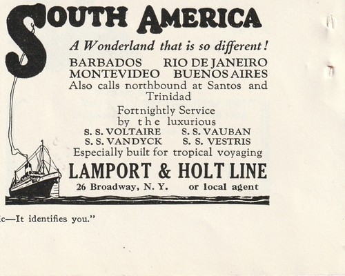 Anuncio impreso 1927 América del Sur Lamport y Holt Lane 26 Broadway agente de Nueva York  - Imagen 1 de 4