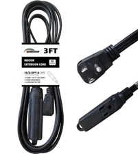 HONDERONS 3FT 3 Outlets Black Extension Cord with Flat Plug 14/3 SPT-3 Extens...