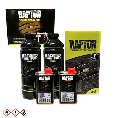 (44,04 /L)SET 2x Upol Raptor 948ml Schwarz Beschichtung + Härter + Pistole!