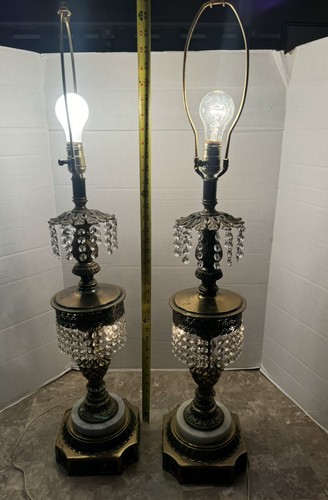 Art Deco Prism Crystal Brass marble Hollywood Regency Lamp Vintage Three Way MCM - Picture 13 of 13