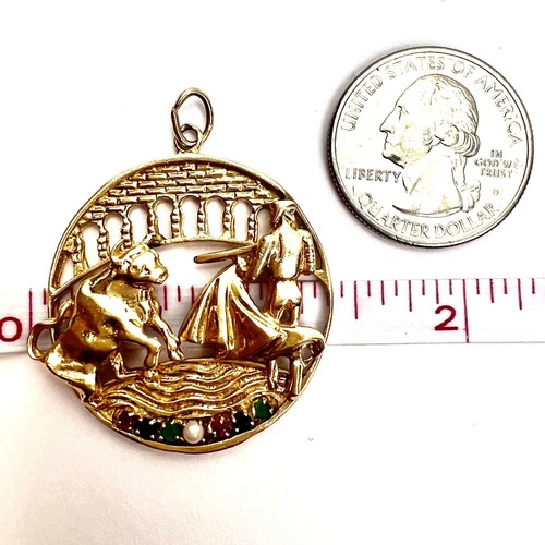 14K Solid Yellow Gold Bull & Matador Fight Charm Pearl Gems 35.5mm, 12.53g - Picture 8 of 10