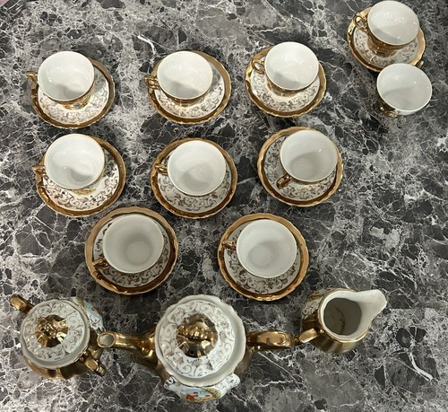 Bavarian 8 piece tea set gold with white trim W/creamer/sugar bowl - Picture 10 of 12