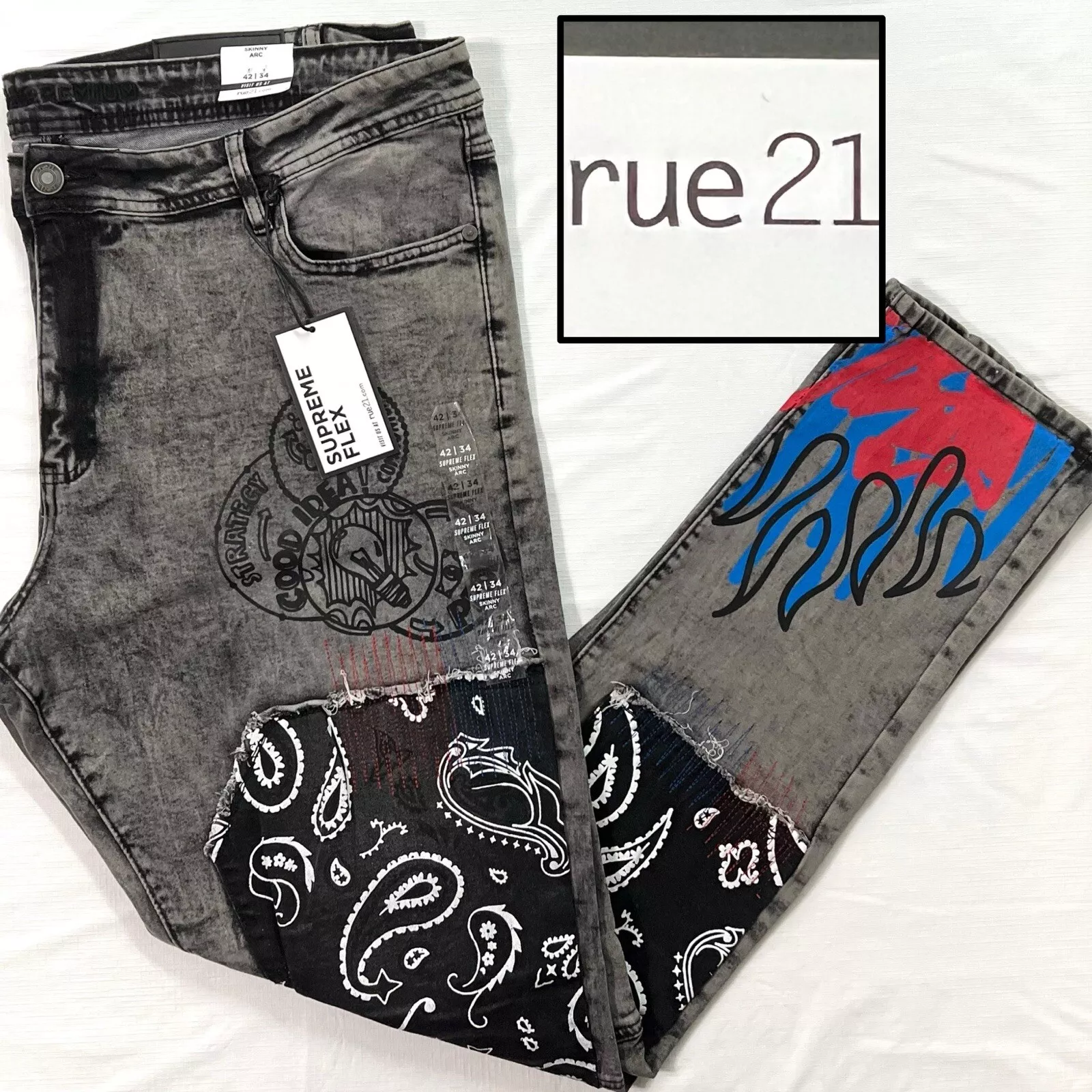 Pantalon jean homme 42x34 neuf avec étiquette RUE21 Supreme Flex skinny arc patch peinture gris denim