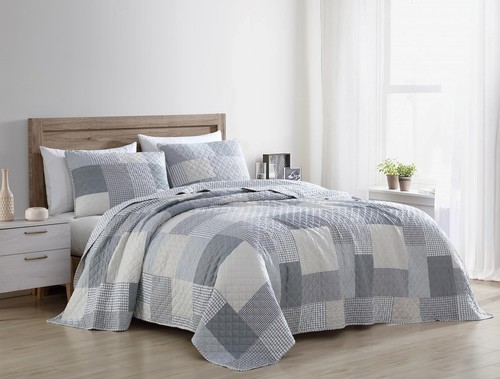 Pre-Washed Checkered Stripe Quilt Set , Plaid Patchwork Bedspread Coverlet Set - Picture 2 of 4