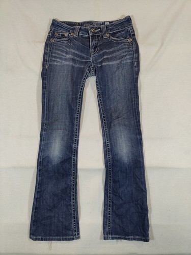Miss Me Jeans Women's 25 Boot Cut Bling Fleur De Lis Pockets Western Denim Blue - Picture 3 of 11