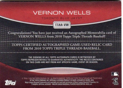2010 TRIPLE THREADS VERNON WELLS AUTO JERSEY LOGO 1/1 - Picture 2 of 2