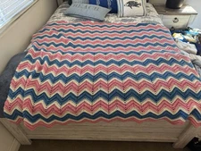 Handmade Multicolor Crochet Blanket Trow Size 42x42 Inches Chevron Granny Core