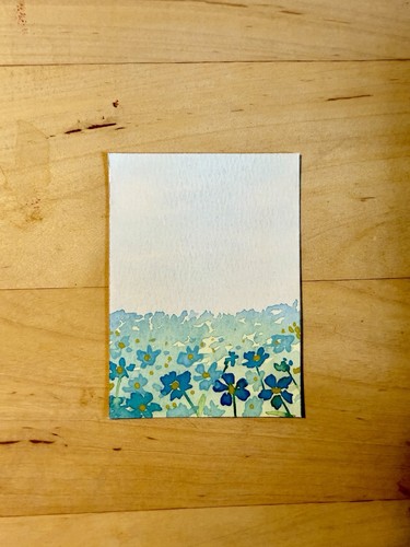 ACEO original painting 2.5 x 3.5 Field of blue flowers