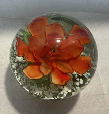 VINTAGE ORB HAND BLOWN PAPERWEIGHT ART GLASS FLOWER BUBBLE Orange Dragon Fly 3”