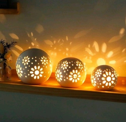 Set of 3 Ceramic Decorative Lamp 5" H Battery Powered Lamp Floral Carved Cordles - Picture 3 of 6