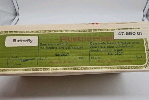 Olla para salsa esmaltada vintage 1 qt Austria correo electrónico patrón mariposa nueva nueva en stock - Imagen 3 de 7