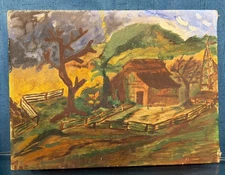 Antique Folk Art Country Home Homestead. Oil On Board. Unframed.