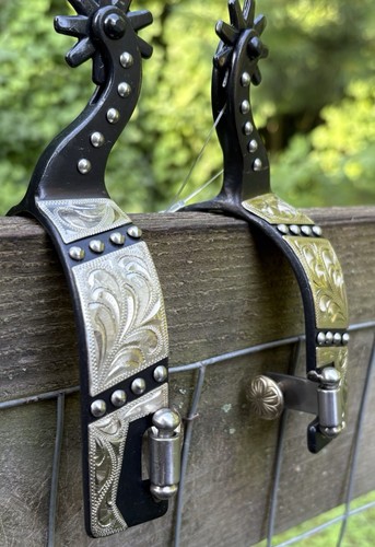 Pair Men’s Black Steel Western Spurs Engraved Silver Accents - Picture 5 of 6