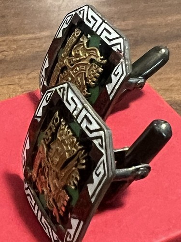 Broche Pin Cuadrado Plata de Ley Oro 18k Guerrero Azteca Dragón 45mm - Imagen 4 de 9