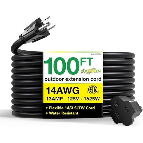 Heavy Duty 100ft Extension Cord 14/3 SJTW Outdoor Cable Molded Plug 13A 125V New - Picture 2 of 8