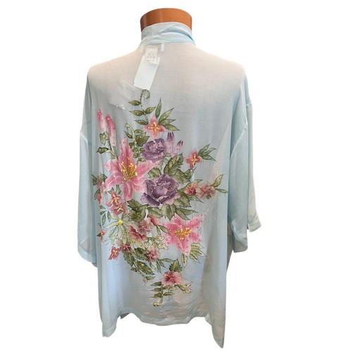 Kimono donna vintage Draper's & Damon's seta floreale bambino blu paillettes con perline - Foto 2 di 9