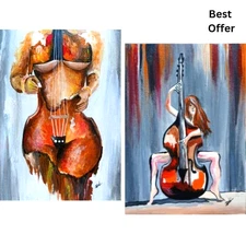 02 Pcs ACEO Original Lady Figure Music Body Violin Acrylic Art Set Painting NEW